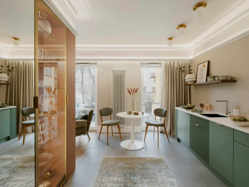 Interior design of dinning room interior with round table, personal accessories. Home decor Template